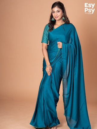 Teal Blue Satin Crepe readymade saree with readymade bandhani printed blouse