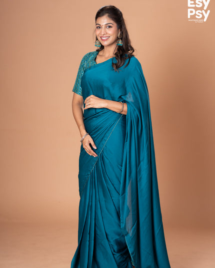 Teal Blue Satin Crepe readymade saree with readymade bandhani printed blouse