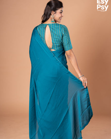 Teal Blue Satin Crepe readymade saree with readymade bandhani printed blouse