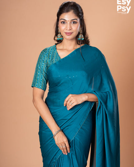 Teal Blue Satin Crepe readymade saree with readymade bandhani printed blouse