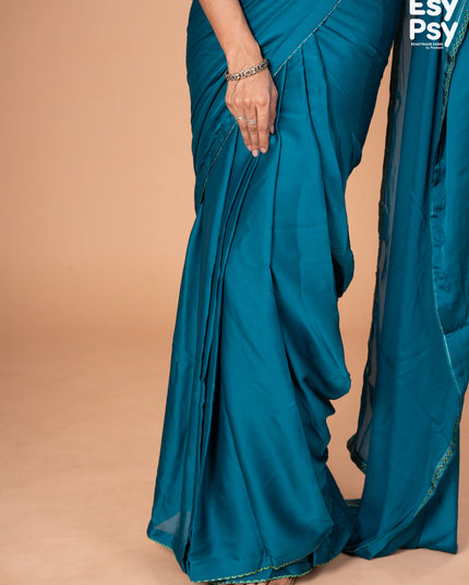 Teal Blue Satin Crepe readymade saree with readymade bandhani printed blouse