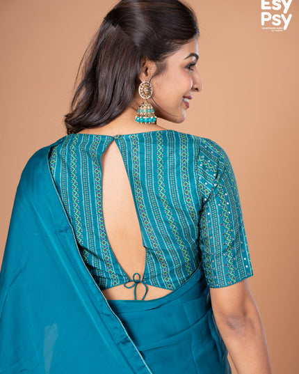 Teal Blue Satin Crepe readymade saree with readymade bandhani printed blouse