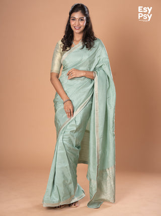 Pastel green Semi Tussar readymade saree with readymade brocade blouse
