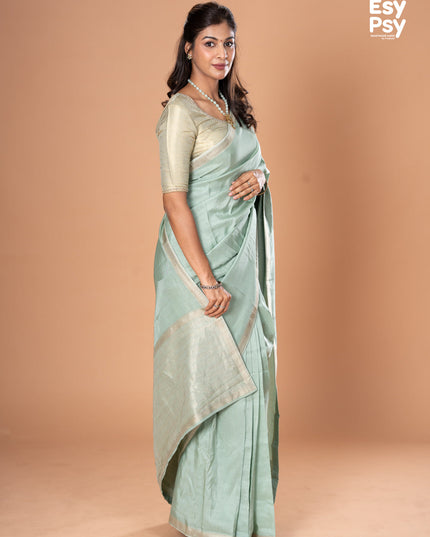 Pastel green Semi Tussar readymade saree with readymade brocade blouse