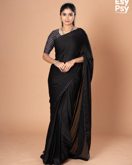 Black Satin Crepe readymade saree with readymade ajrakh printed blouse