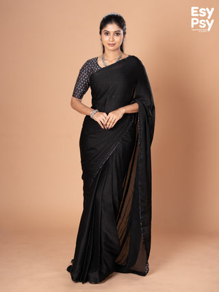 Black Satin Crepe readymade saree with readymade ajrakh printed blouse