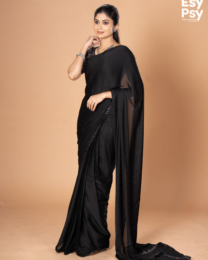 Black Satin Crepe readymade saree with readymade ajrakh printed blouse