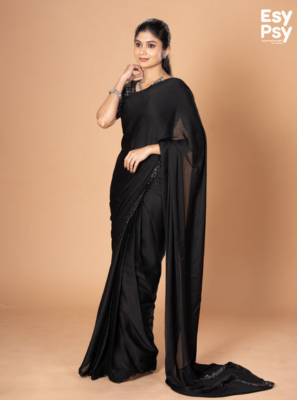 Black Satin Crepe readymade saree with readymade ajrakh printed blouse