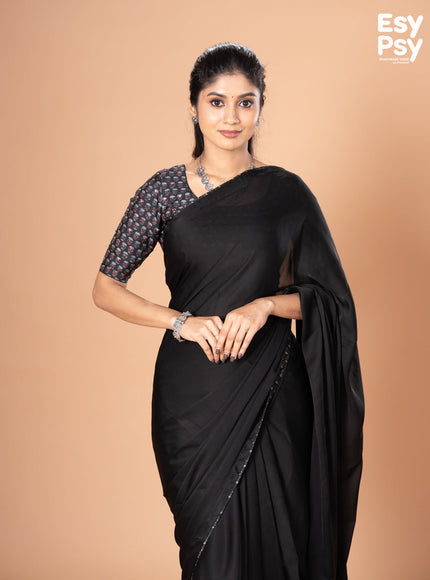 Black Satin Crepe readymade saree with readymade ajrakh printed blouse