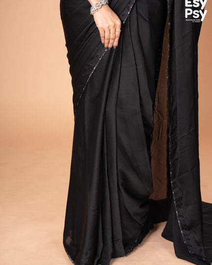 Black Satin Crepe readymade saree with readymade ajrakh printed blouse
