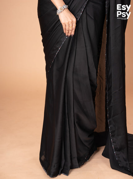 Black Satin Crepe readymade saree with readymade ajrakh printed blouse