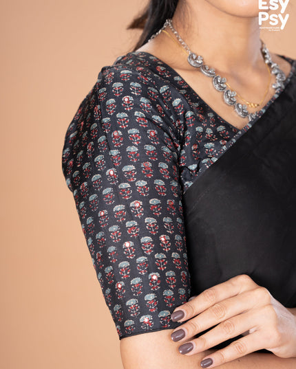 Black Satin Crepe readymade saree with readymade ajrakh printed blouse