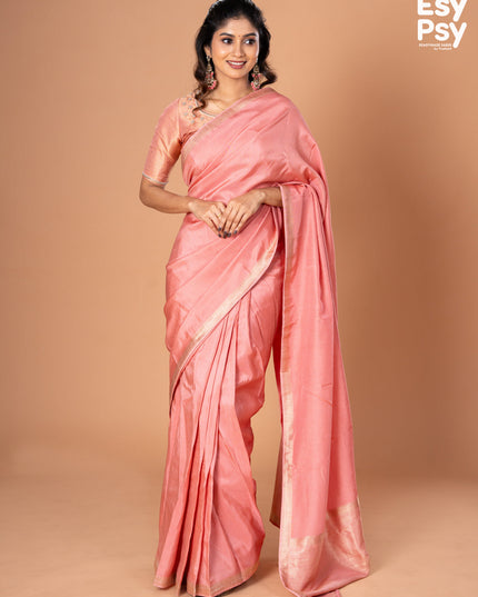 Peach Pink Semi Tussar readymade saree with readymade brocade blouse