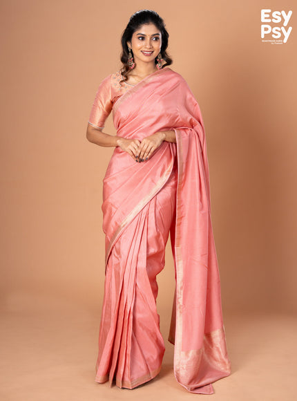 Peach Pink Semi Tussar readymade saree with readymade brocade blouse