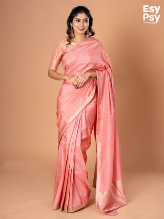 Peach Pink Semi Tussar readymade saree with readymade brocade blouse