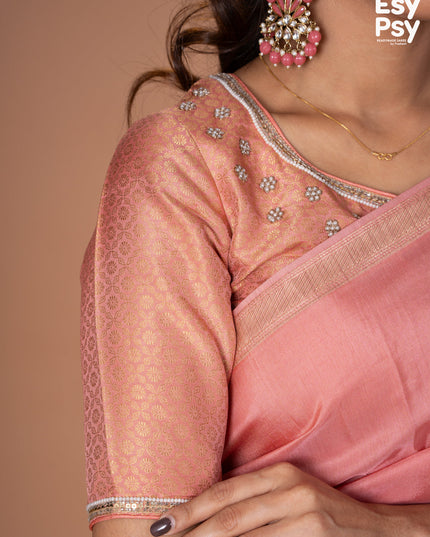 Peach Pink Semi Tussar readymade saree with readymade brocade blouse