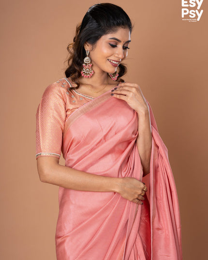 Peach Pink Semi Tussar readymade saree with readymade brocade blouse