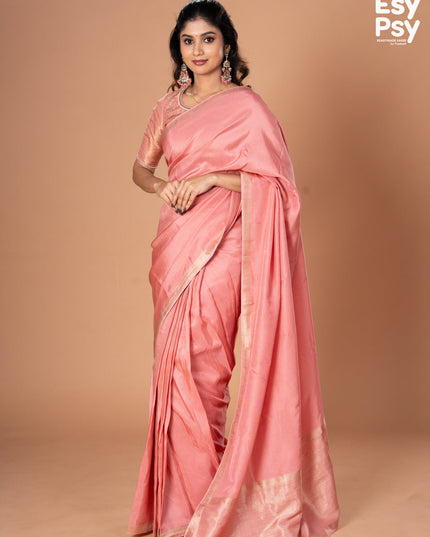 Peach Pink Semi Tussar readymade saree with readymade brocade blouse