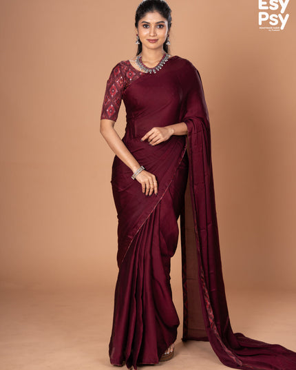 Maroon Satin Crepe readymade saree with readymade ikat printed blouse