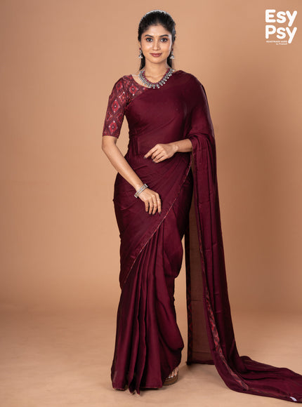 Maroon Satin Crepe readymade saree with readymade ikat printed blouse