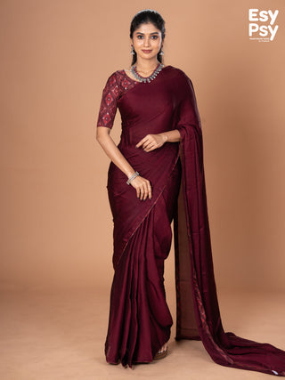 Maroon Satin Crepe readymade saree with readymade ikat printed blouse