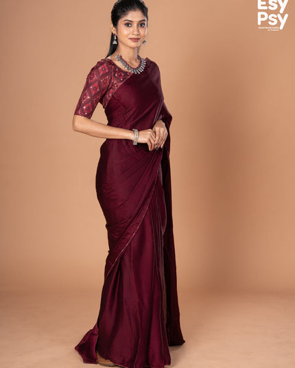 Maroon Satin Crepe readymade saree with readymade ikat printed blouse
