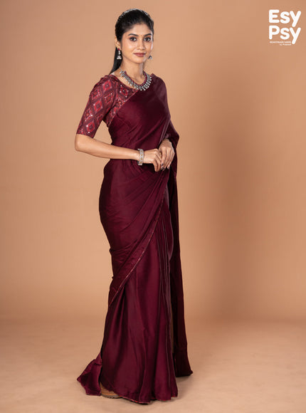 Maroon Satin Crepe readymade saree with readymade ikat printed blouse