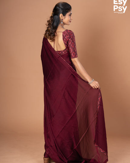 Maroon Satin Crepe readymade saree with readymade ikat printed blouse