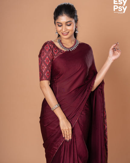 Maroon Satin Crepe readymade saree with readymade ikat printed blouse