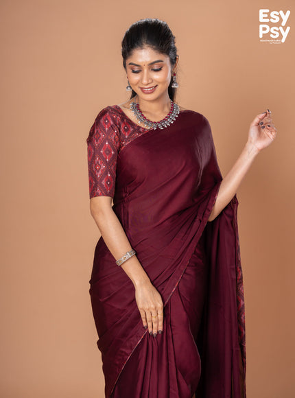 Maroon Satin Crepe readymade saree with readymade ikat printed blouse