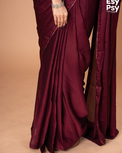 Maroon Satin Crepe readymade saree with readymade ikat printed blouse