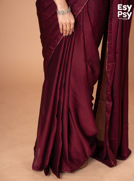 Maroon Satin Crepe readymade saree with readymade ikat printed blouse