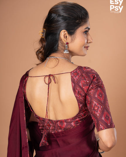 Maroon Satin Crepe readymade saree with readymade ikat printed blouse