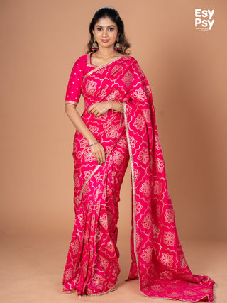Pink Banarasi Silk readymade saree with zari butta readymade blouse