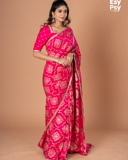 Pink Banarasi Silk readymade saree with zari butta readymade blouse