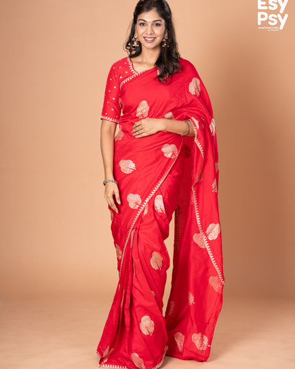 Red Raw Silk readymade saree with zari butta readymade blouse