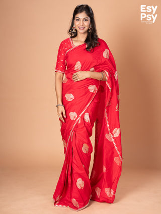 Red Raw Silk readymade saree with zari butta readymade blouse