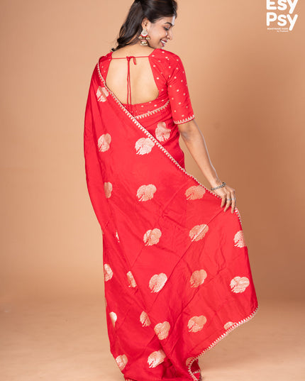 Red Raw Silk readymade saree with zari butta readymade blouse