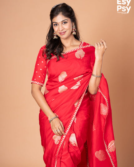 Red Raw Silk readymade saree with zari butta readymade blouse