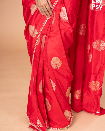Red Raw Silk readymade saree with zari butta readymade blouse