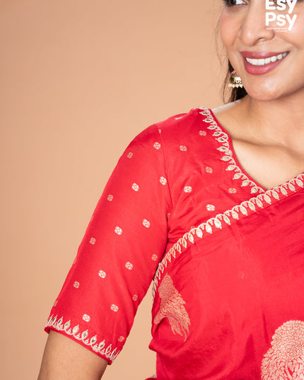 Red Raw Silk readymade saree with zari butta readymade blouse