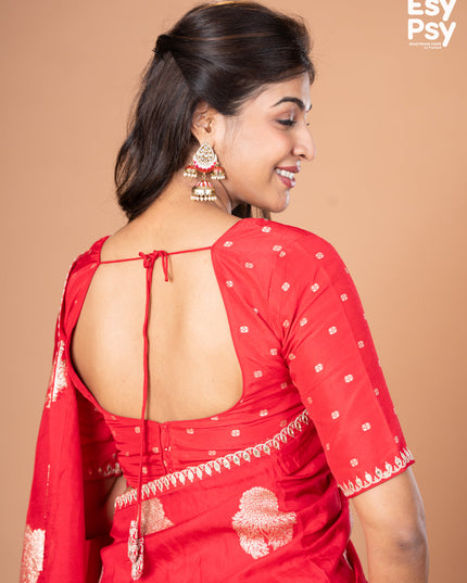 Red Raw Silk readymade saree with zari butta readymade blouse