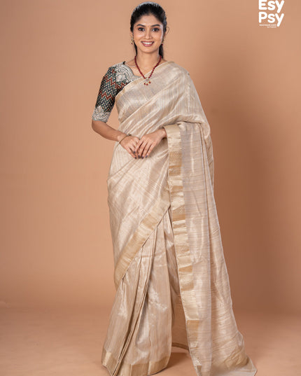 Beige Raw Silk readymade saree with readymade ajrakh printed blouse