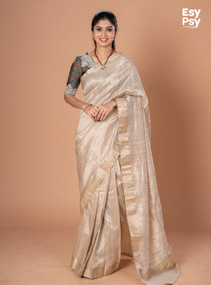 Beige Raw Silk readymade saree with readymade ajrakh printed blouse