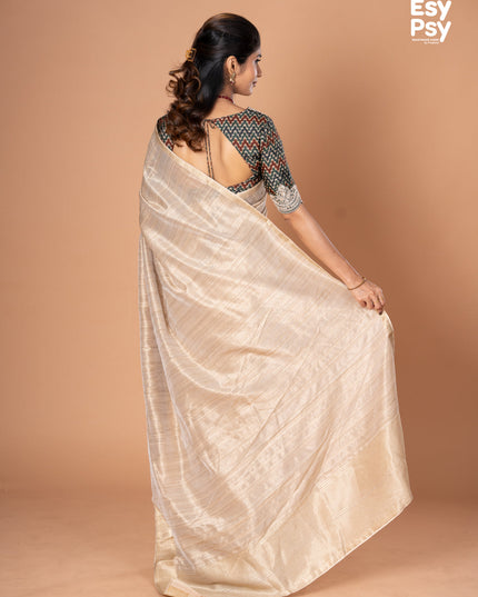 Beige Raw Silk readymade saree with readymade ajrakh printed blouse