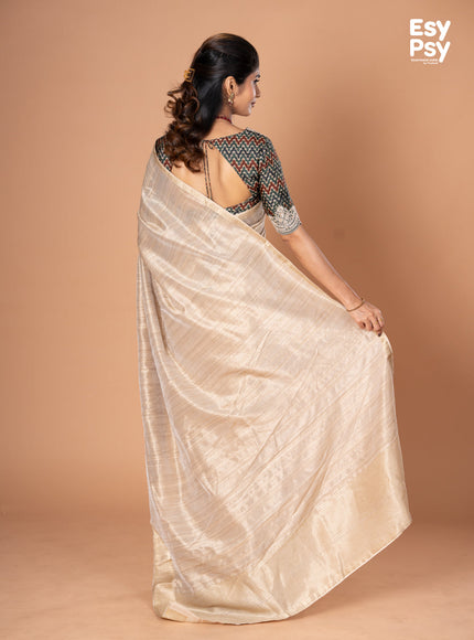 Beige Raw Silk readymade saree with readymade ajrakh printed blouse