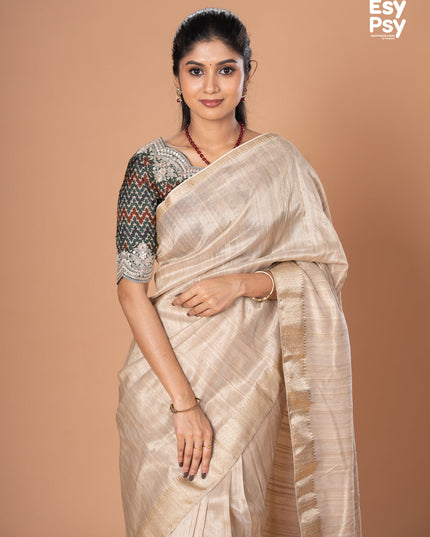 Beige Raw Silk readymade saree with readymade ajrakh printed blouse