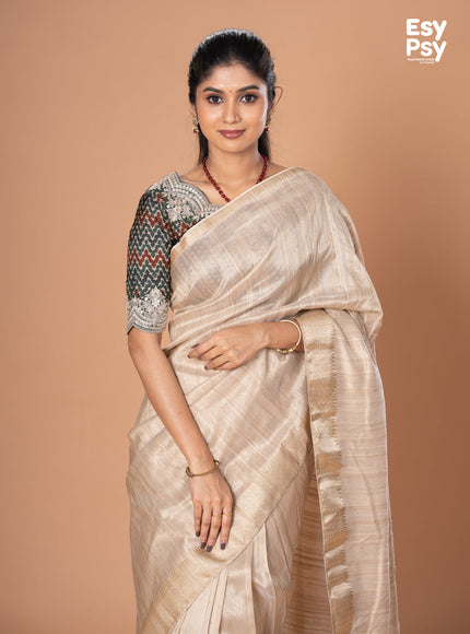Beige Raw Silk readymade saree with readymade ajrakh printed blouse