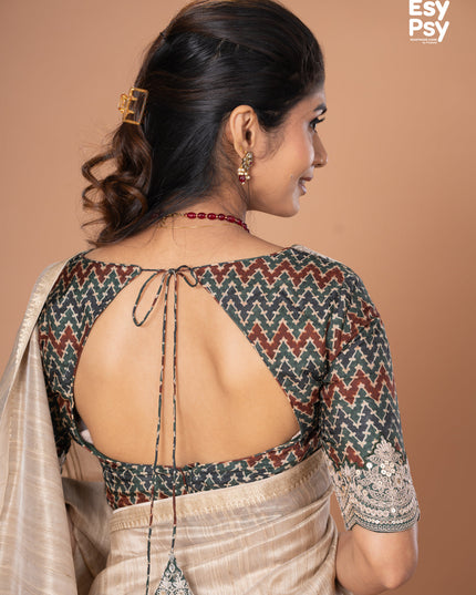 Beige Raw Silk readymade saree with readymade ajrakh printed blouse