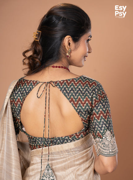 Beige Raw Silk readymade saree with readymade ajrakh printed blouse